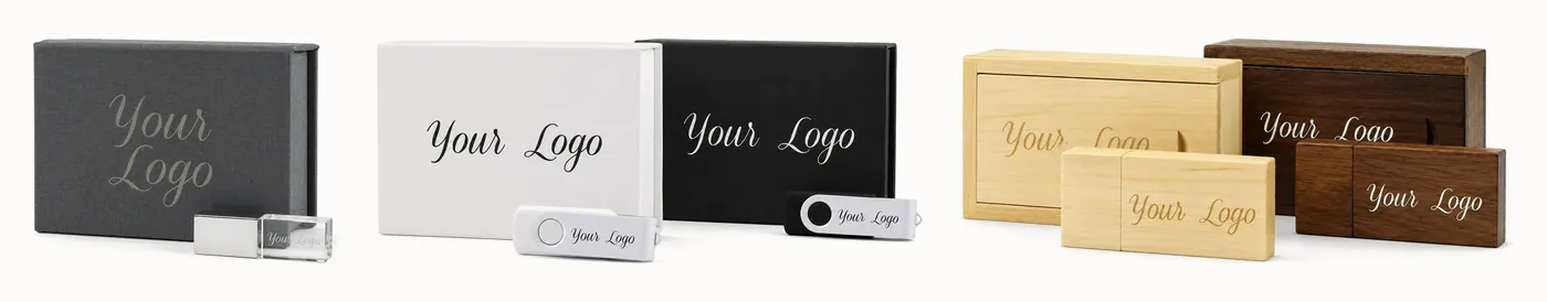 Small grey linen, white and black magnetic, and light and dark wood gift boxes with USB sticks, all with Your Logo
