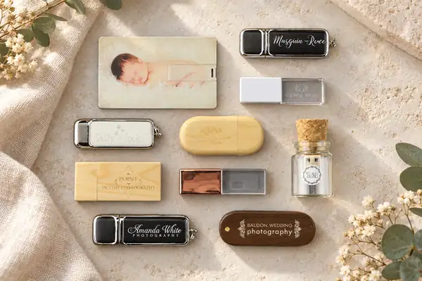 Ten personalised USB sticks in wood, metal, crystal and glass