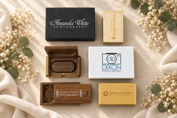 Small black, white and wooden USB gift boxes with logos