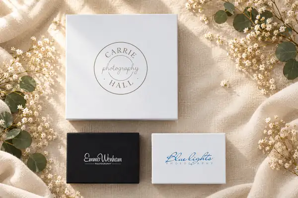 White and black presentation boxes printed with studio logos