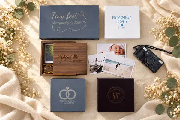 Photo print boxes and wooden USB box with prints and a camera