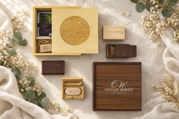 Light and dark wooden USB and photo boxes with engraved logos