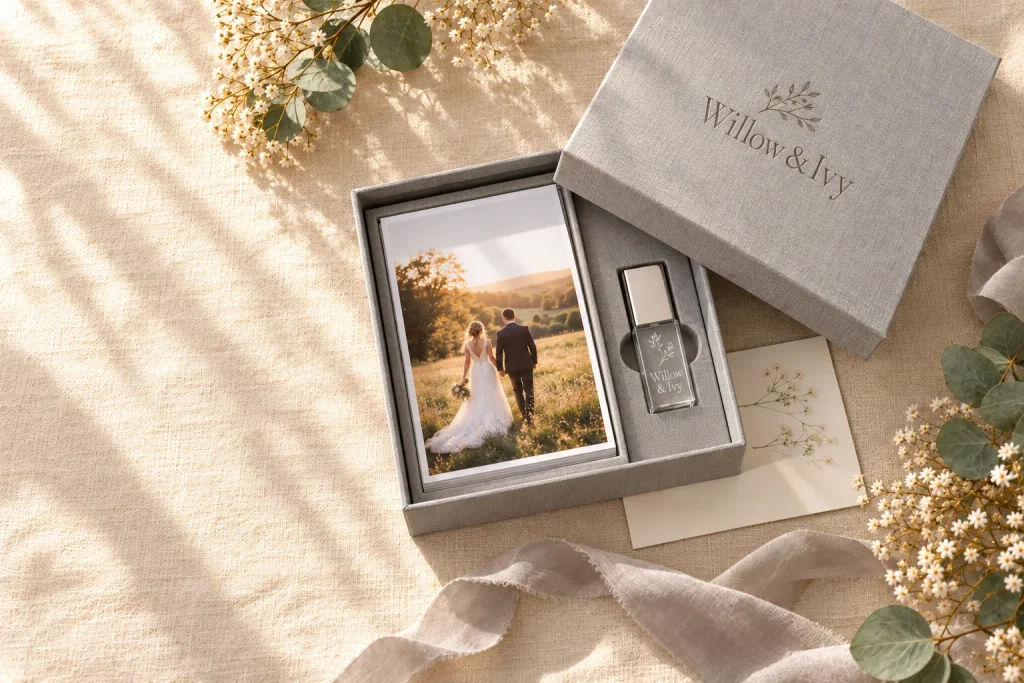A soft grey photo prints box with an engraved crystal USB and a stack of 6x4 wedding prints on ivory linen