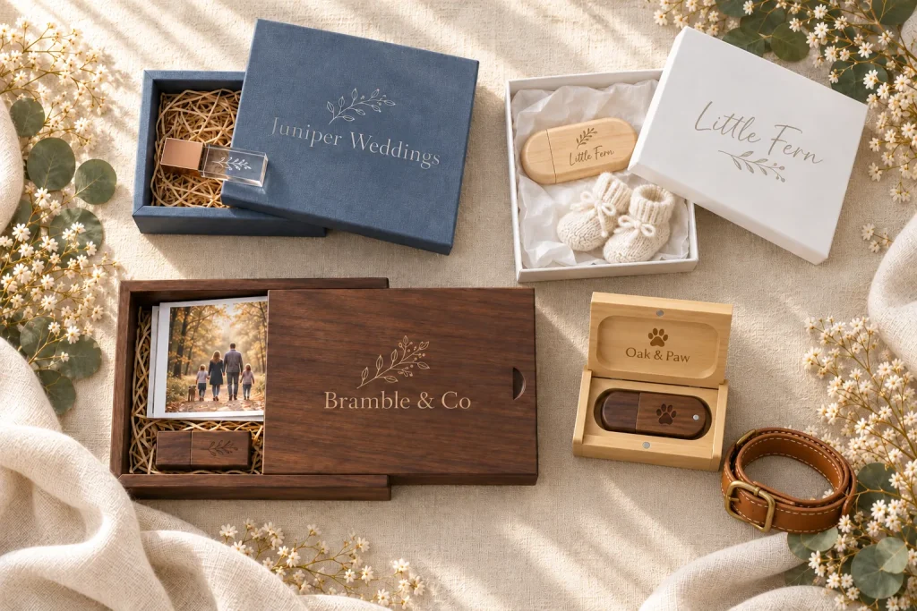 Four photography presentation boxes for wedding, newborn, family and pet photographers laid out on ivory linen