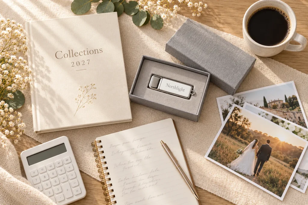A photographer's desk with a presentation box, USB, price guide, calculator and notebook