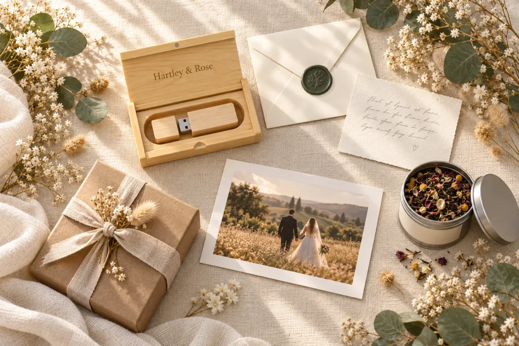 Wedding client gifts on ivory linen: a wooden USB gift box, a sealed card, tea and a mounted print