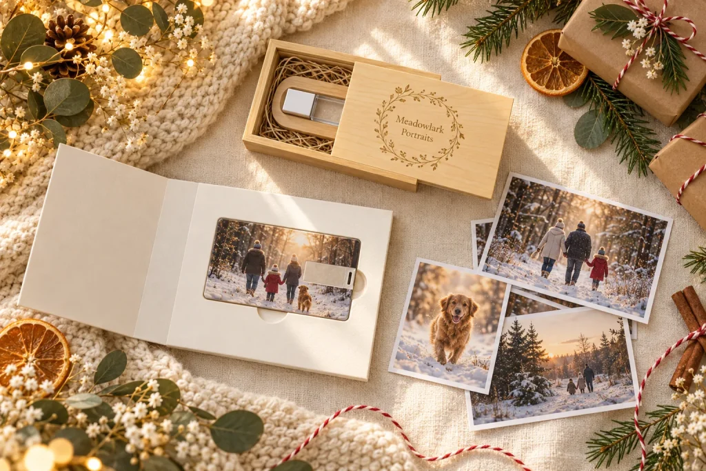A festive flat lay with a wooden USB gift box, a card USB in a Christmas card and family prints