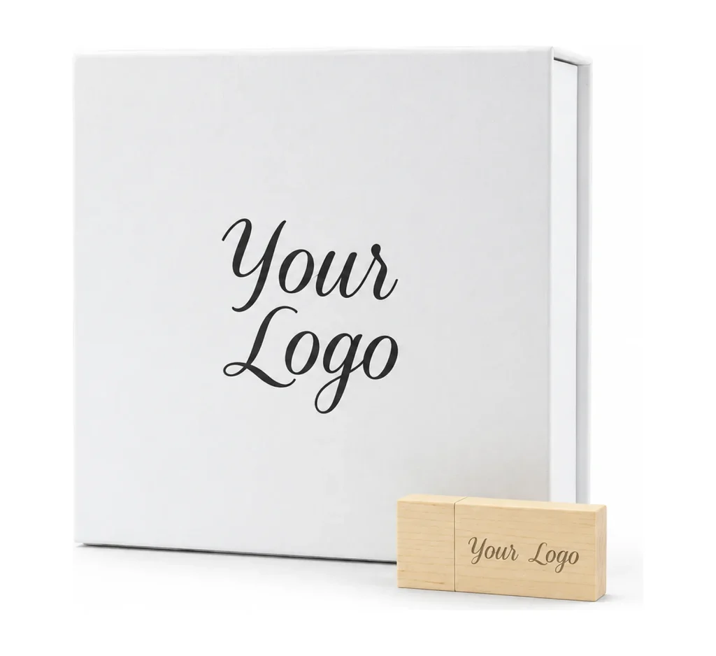 Wooden Block USB Stick 3.0 and Large White Magnetic Flip Photo Prints Gift Box personalised with your logo